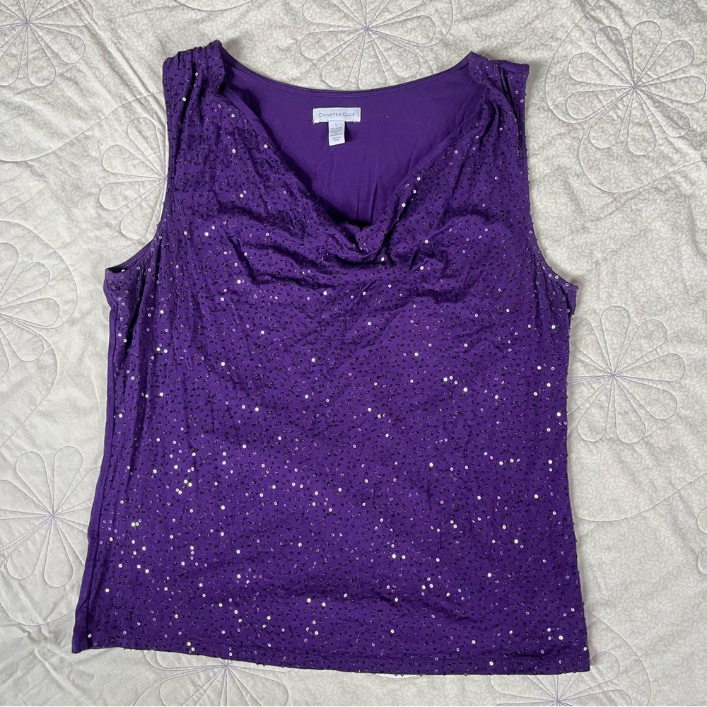 Charter Club purple sequin tank blouse with cowl neck women’s size large